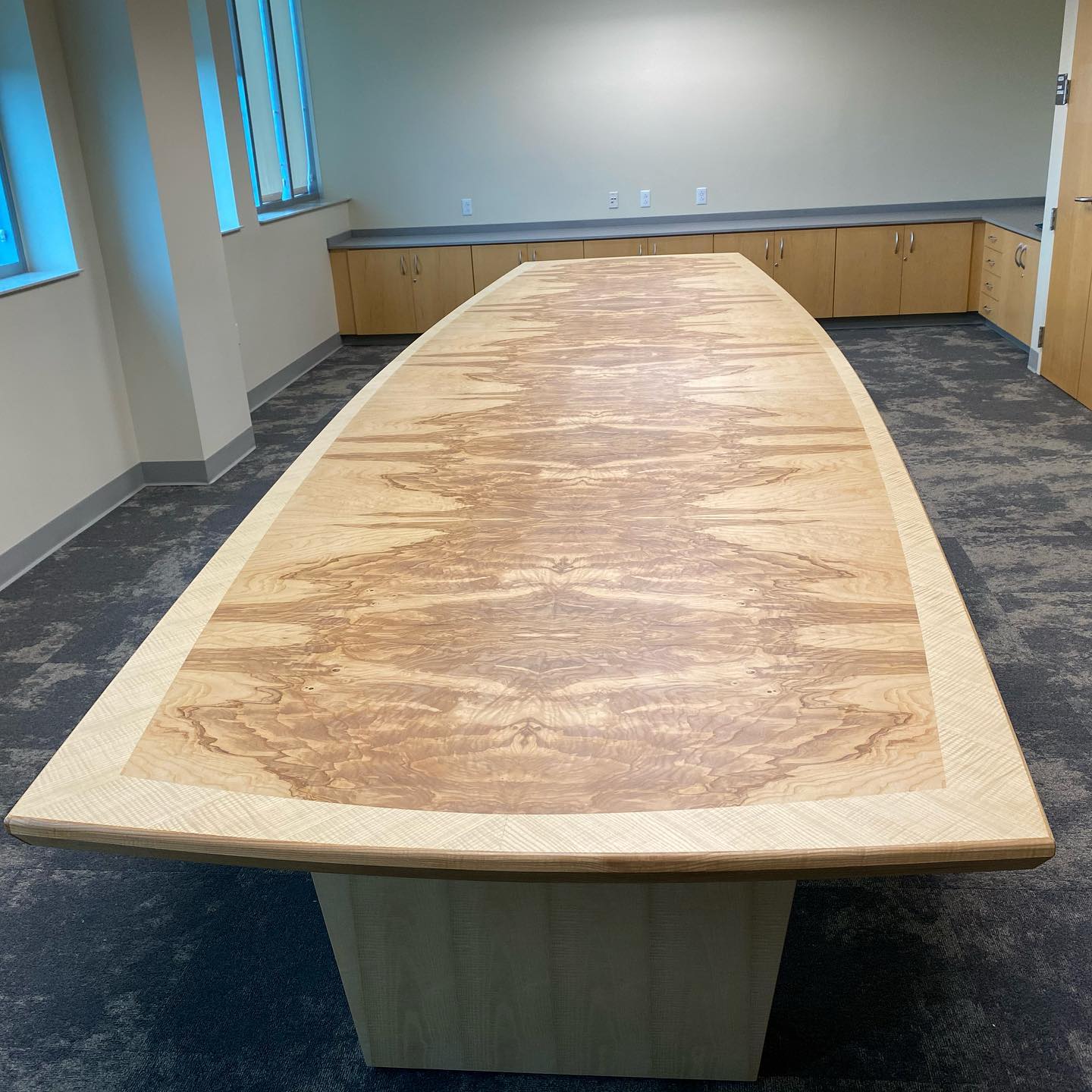 Delivered and installed this 18’ conference table to it’s forever home. Fiddle back ash border, ash burl center.