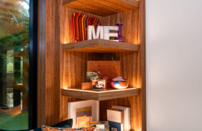 zebra wood floating shelves and lit LEd woodwork USA