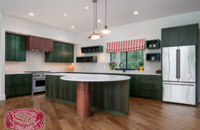 Green stained kitchen cabinets